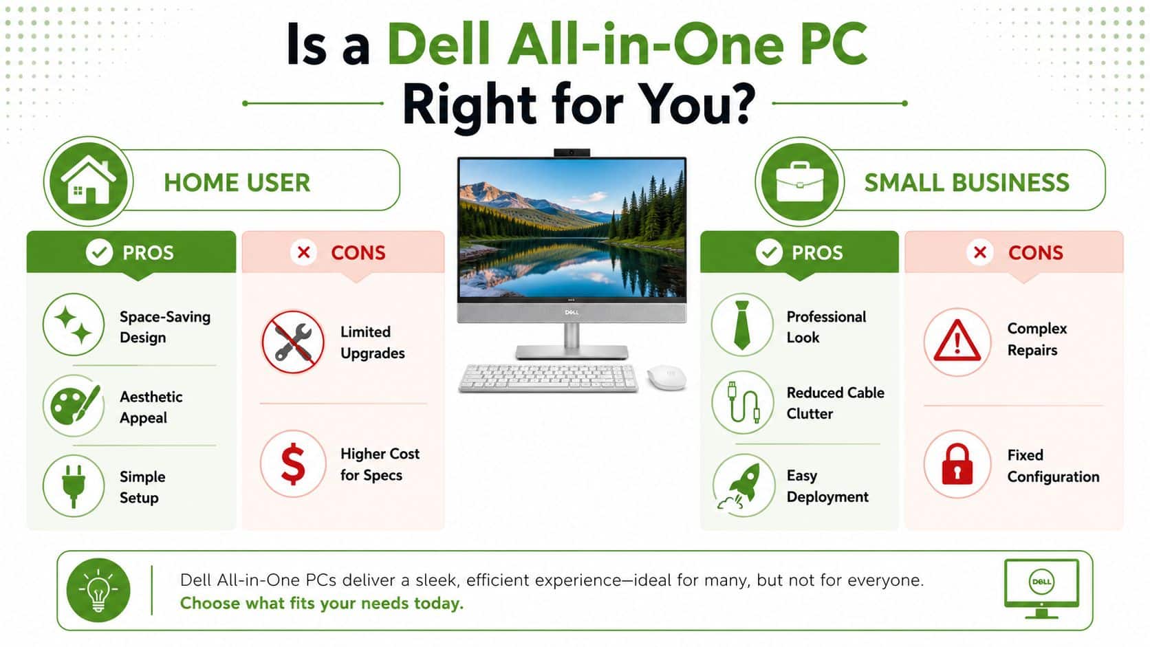 A comparison infographic showing the pros and cons of using a Dell all-in-one PC for homes and businesses.