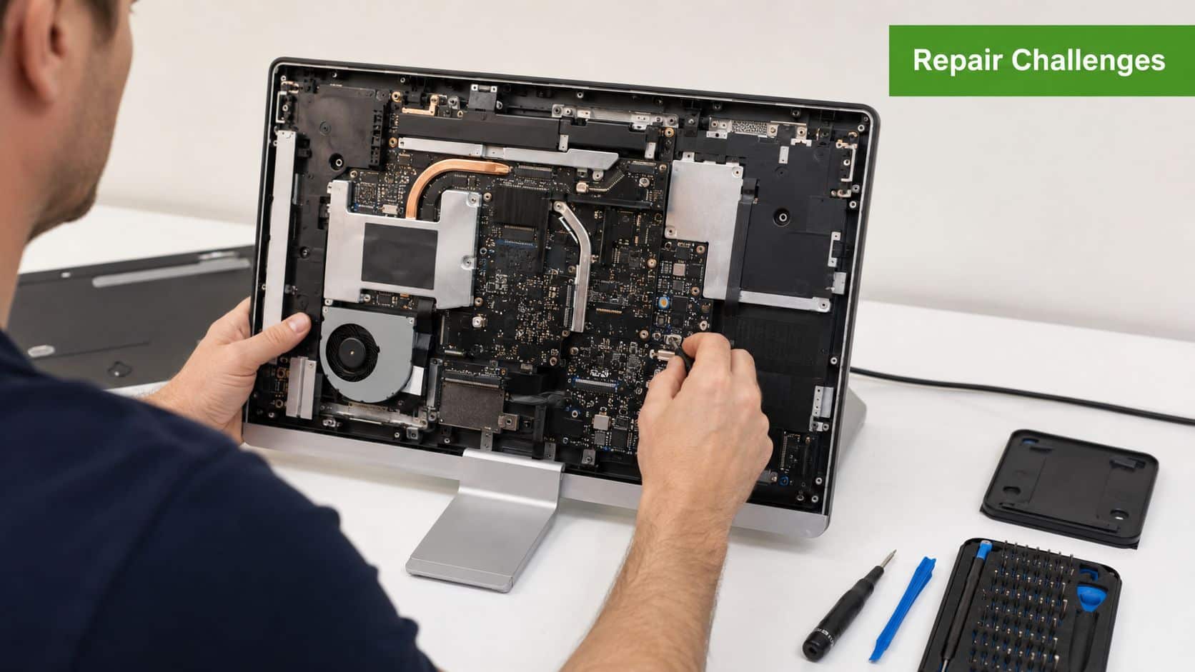 A technician performing a technical repair on the internal components of an all-in-one desktop computer.