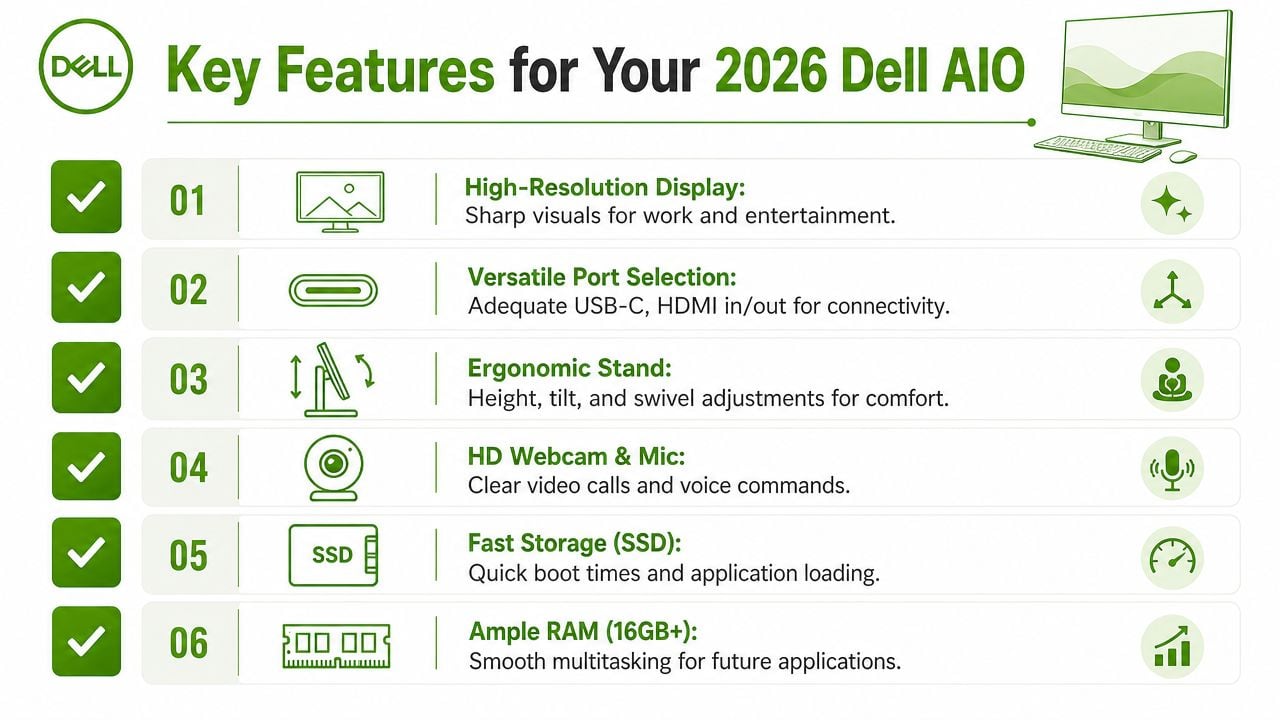 A Dell infographic highlighting key features of the 2026 all-in-one desktop computer with icons and descriptions.