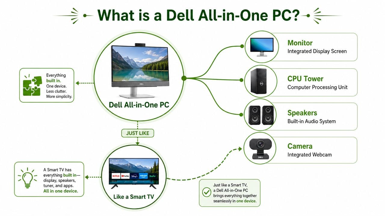 A diagram comparing a Dell All-in-One PC to a Smart TV, illustrating how components are consolidated.