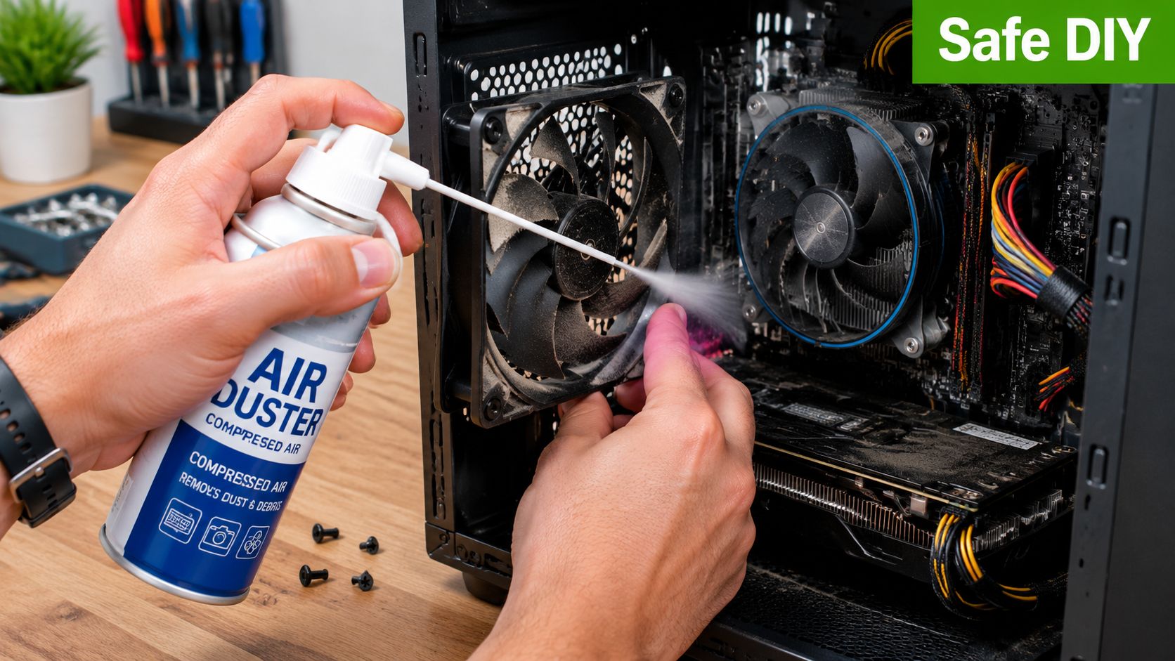A person using a can of compressed air to clean dust from a computer cooling fan.