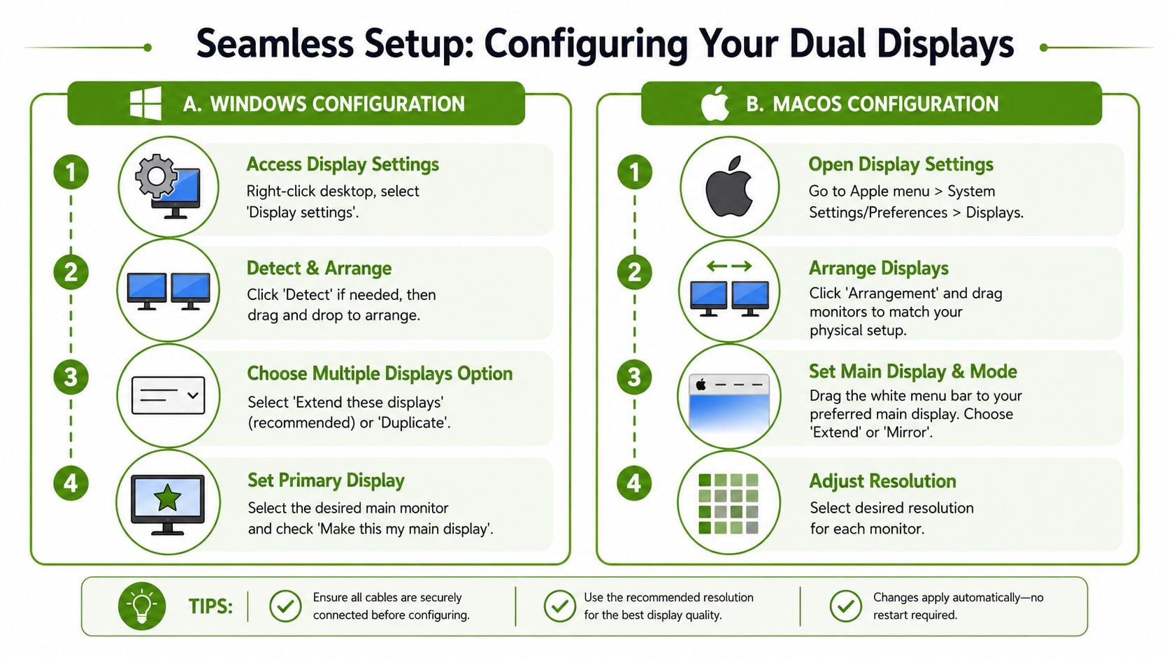 An infographic guide illustrating how to configure dual monitor displays on both Windows and MacOS operating systems.