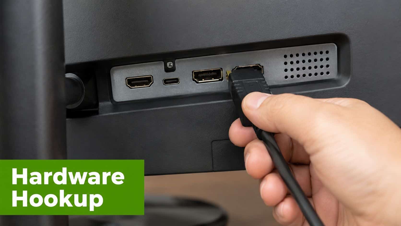 A hand connecting an HDMI cable to the back of a black computer monitor port.