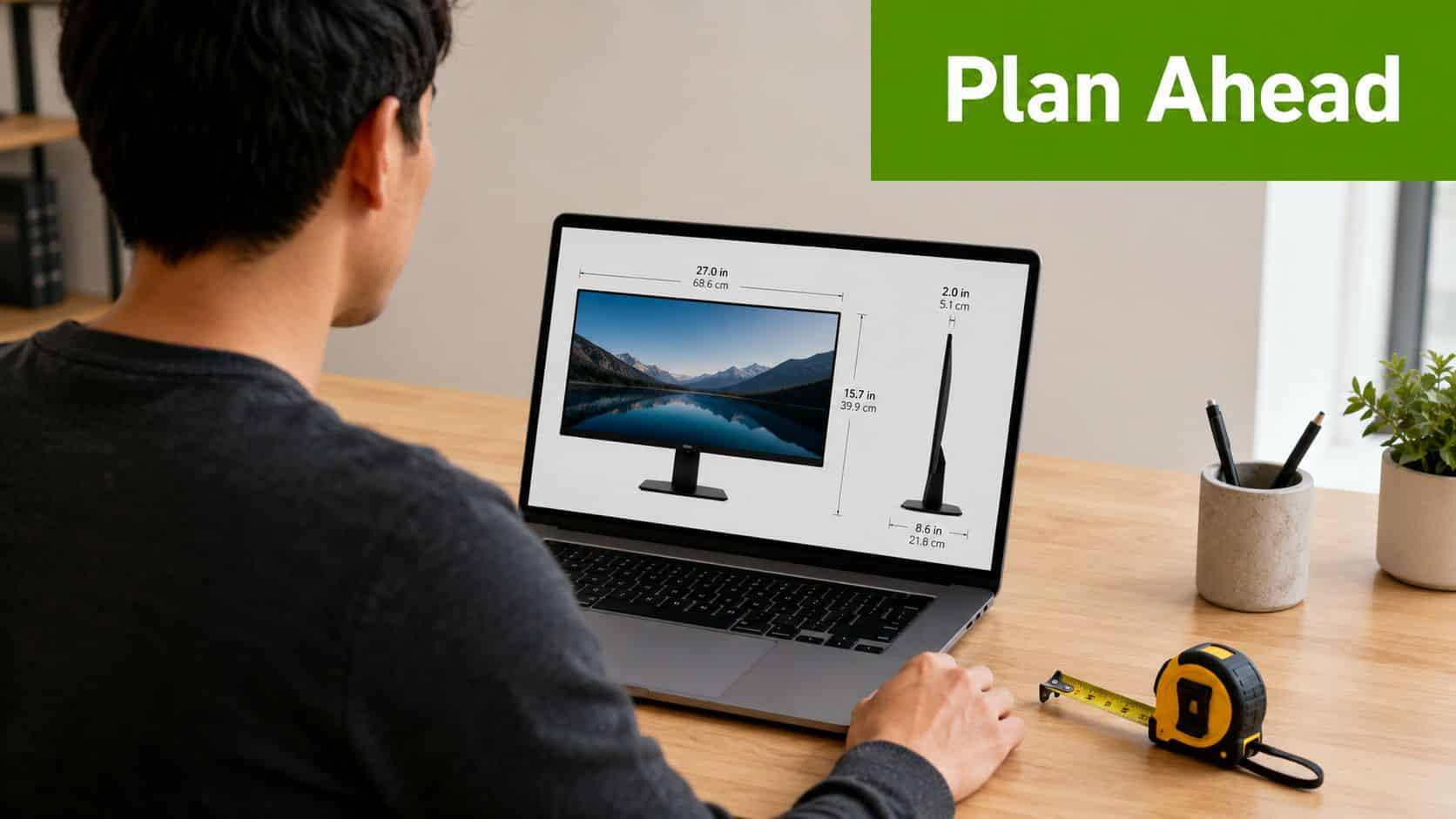 A person viewing monitor dimensions on a laptop while planning a dual monitor setup for workspace.