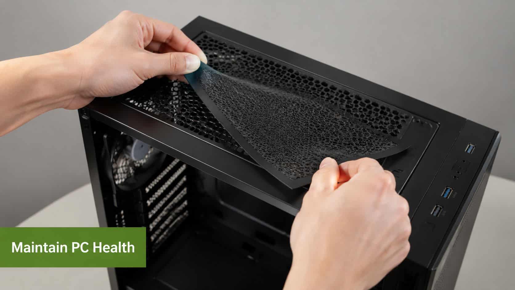 A person removing a dusty magnetic filter from the top ventilation vent of a computer tower.