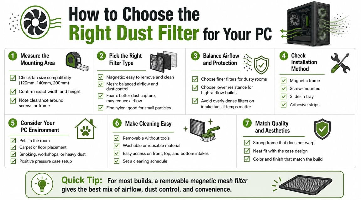 An infographic titled How to Choose the Right Dust Filter for Your PC, outlining seven essential steps.