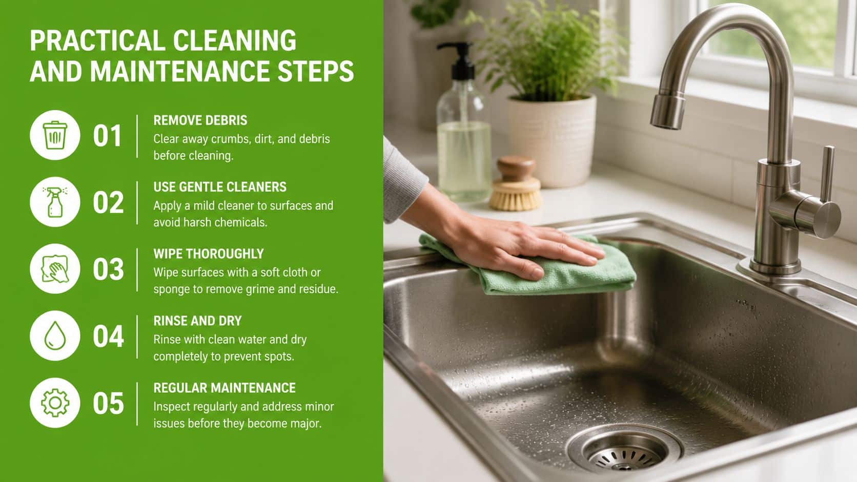 A step-by-step instructional guide on how to clean and maintain a kitchen sink properly.