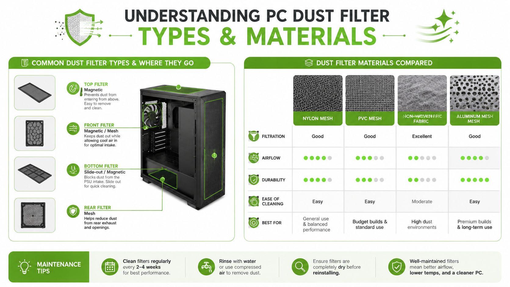An infographic detailing common PC dust filter types, placements, and a comparison of various filtration materials.