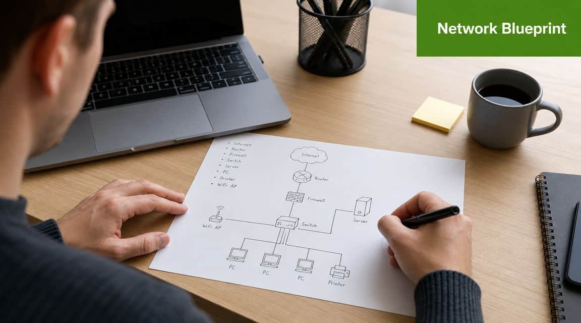 A person drawing a network diagram on paper with icons for a router, firewall, switch, and devices.