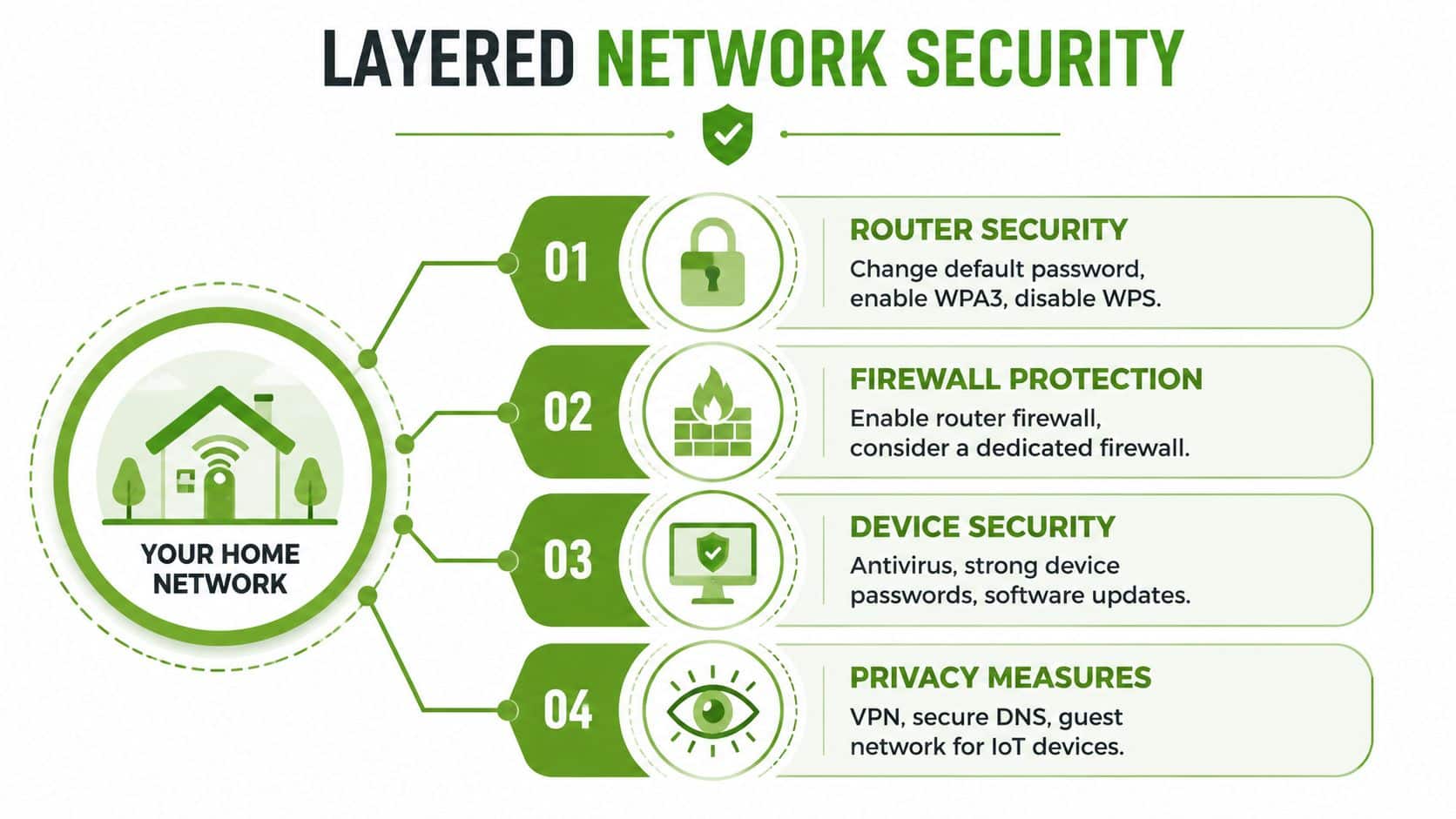 A diagram illustrating four layers of security for a home network, including router, firewall, device, and privacy.