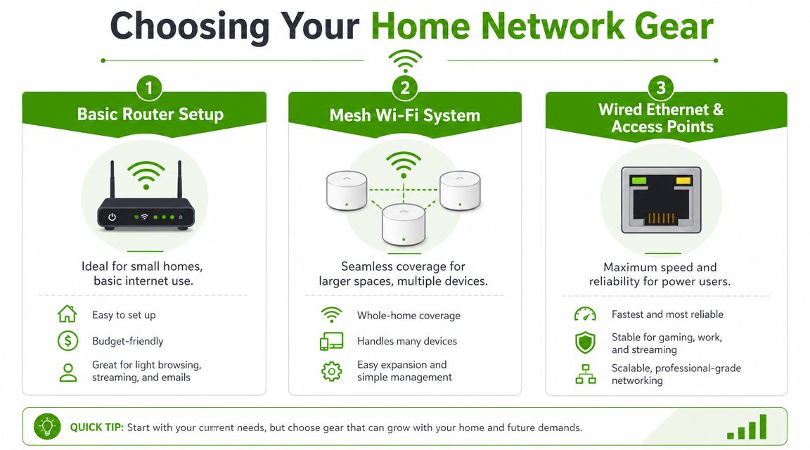 An infographic comparing three home network options: basic router, mesh Wi-Fi system, and wired access points.