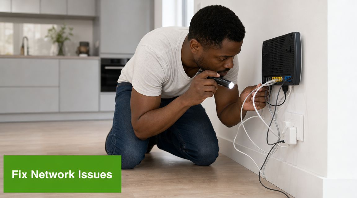 A man kneeling on a wooden floor, using a flashlight to inspect cables on a home router.