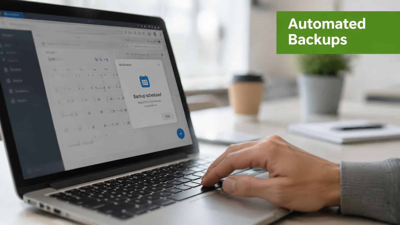 A person working on a laptop displaying a scheduled backup notification on a calendar interface.