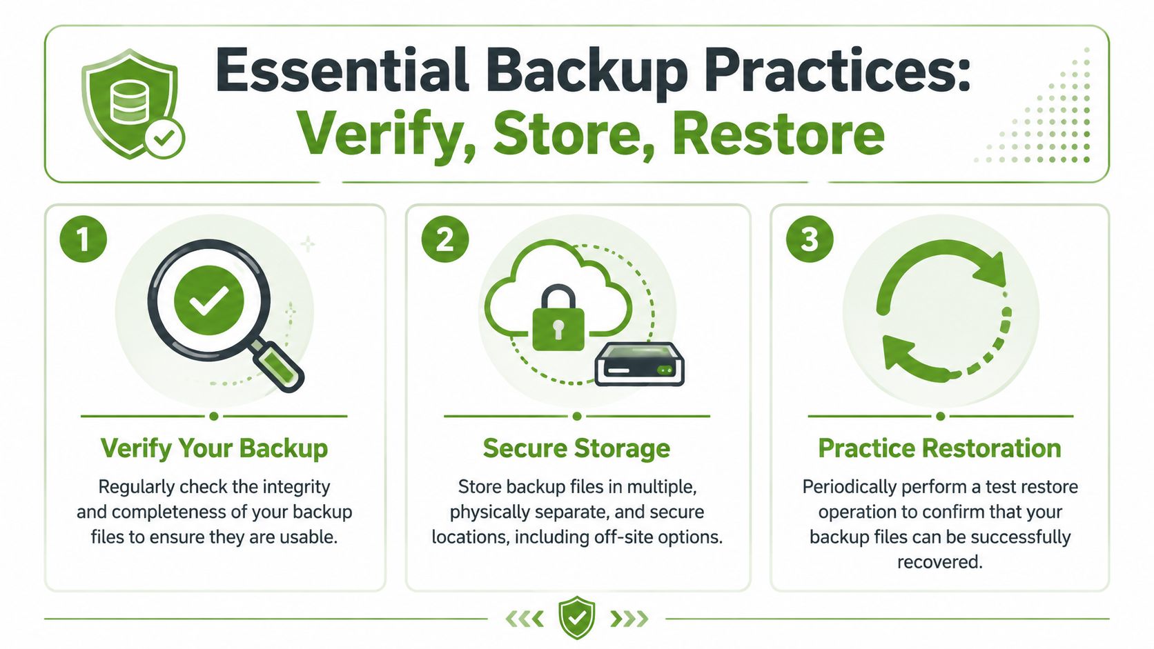 An infographic titled Essential Backup Practices showing three steps: Verify, Store, and Restore for data protection.