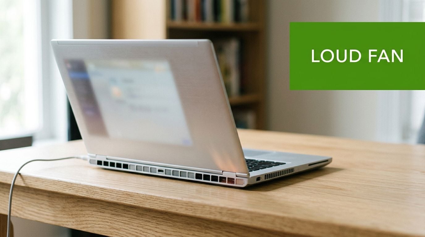 A silver laptop sits on a wooden desk, representing a device that may have a loud fan.