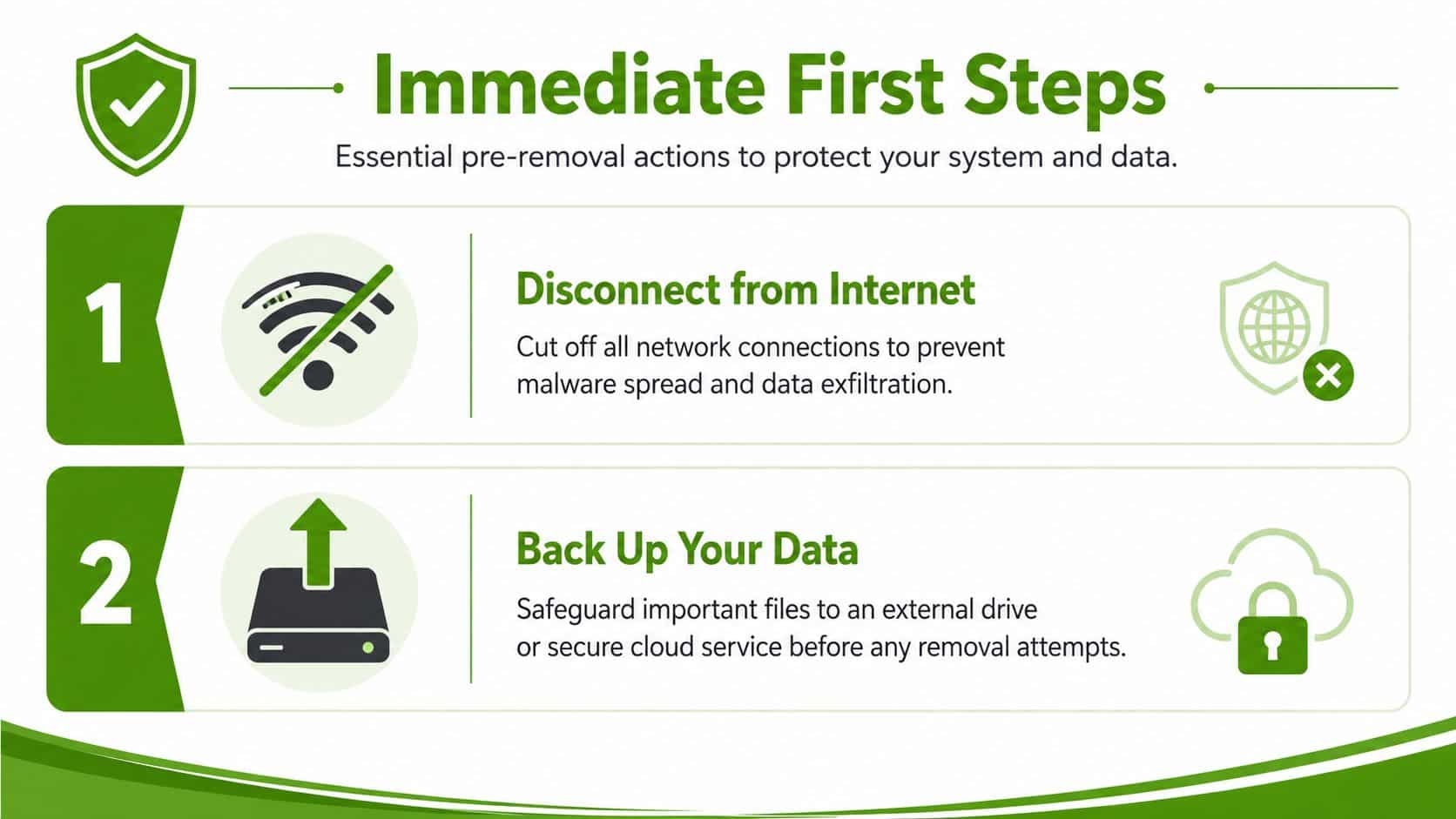 An infographic showing two immediate first steps to take before attempting to remove malware from a computer.