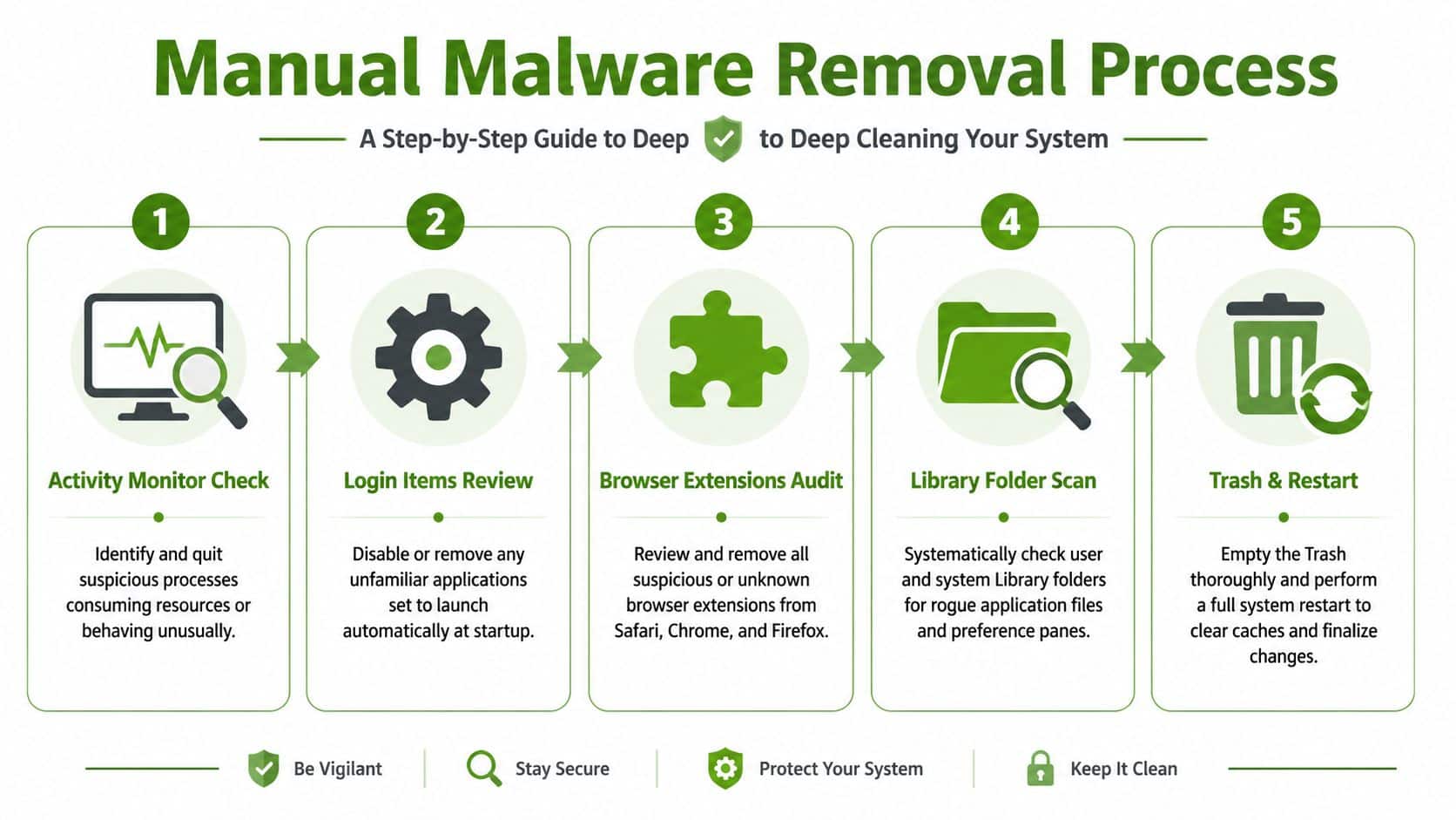 A five-step guide infographic showing a manual malware removal process for cleaning a computer system.