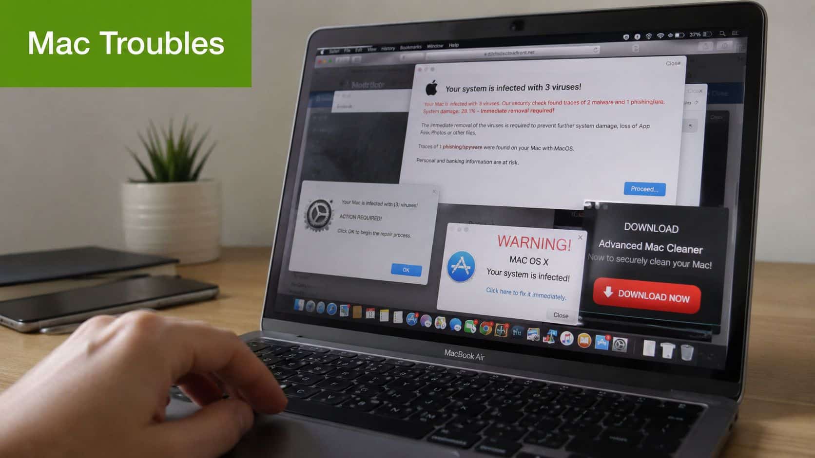 A MacBook Air screen displaying multiple fake virus alert pop-ups and scam warning messages indicating system infection.