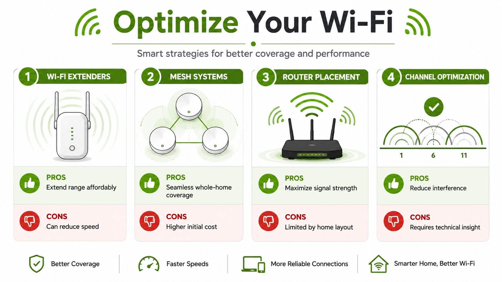An infographic showing four smart strategies for optimizing Wi-Fi coverage including extenders, mesh systems, router placement, and channels.
