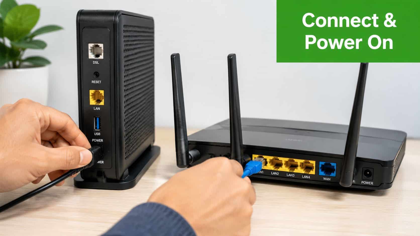 A person connecting cables into a network modem and a wireless router for internet setup.