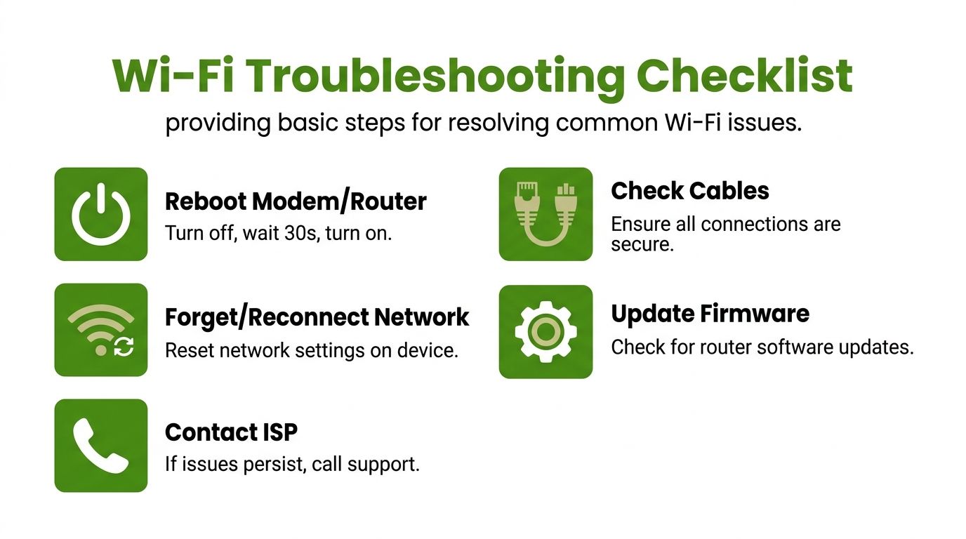 A visual guide titled Wi-Fi Troubleshooting Checklist showing five basic steps to resolve internet connectivity issues.