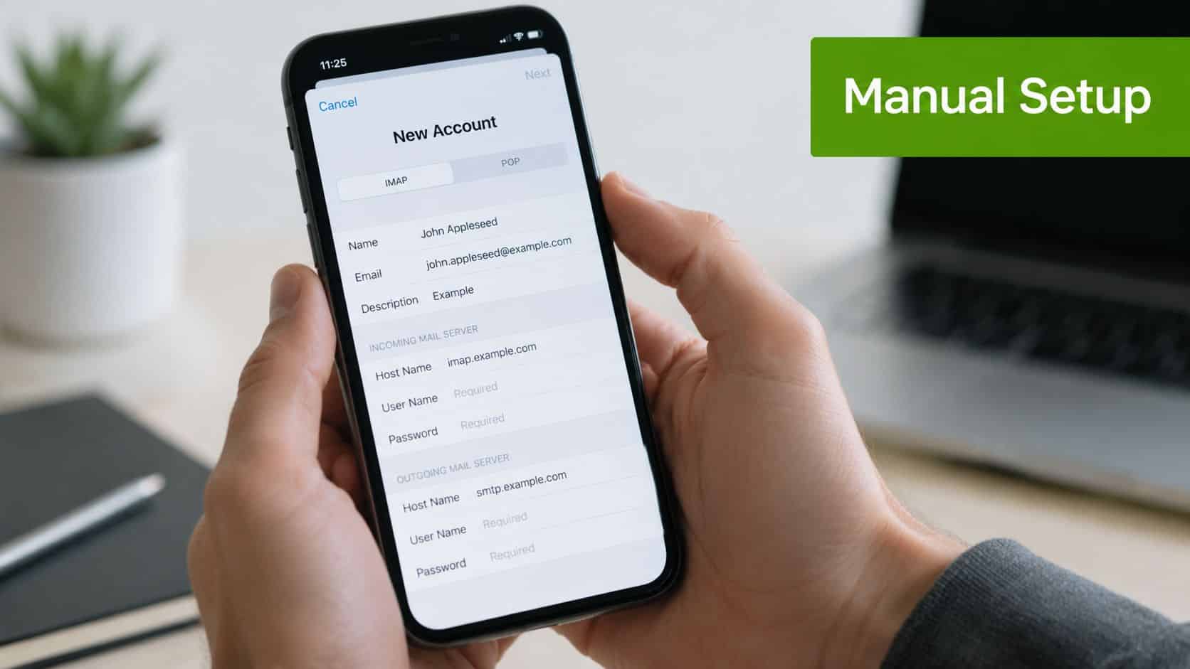 A person holding an iPhone displaying the manual email account setup screen with configuration fields visible.