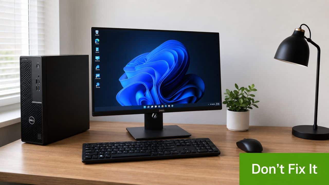 A modern Dell desktop computer with a monitor, keyboard, and mouse set up on a wooden desk.