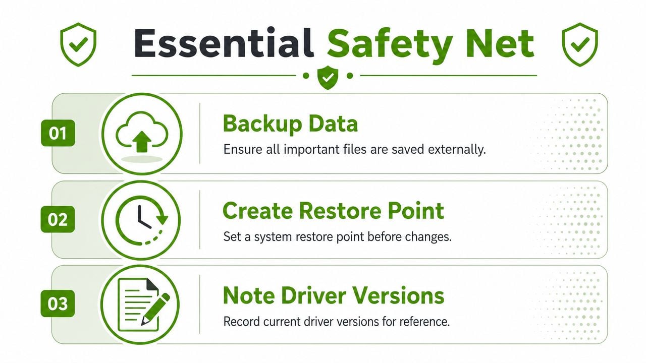 An infographic titled Essential Safety Net listing three steps for data protection before making computer changes.