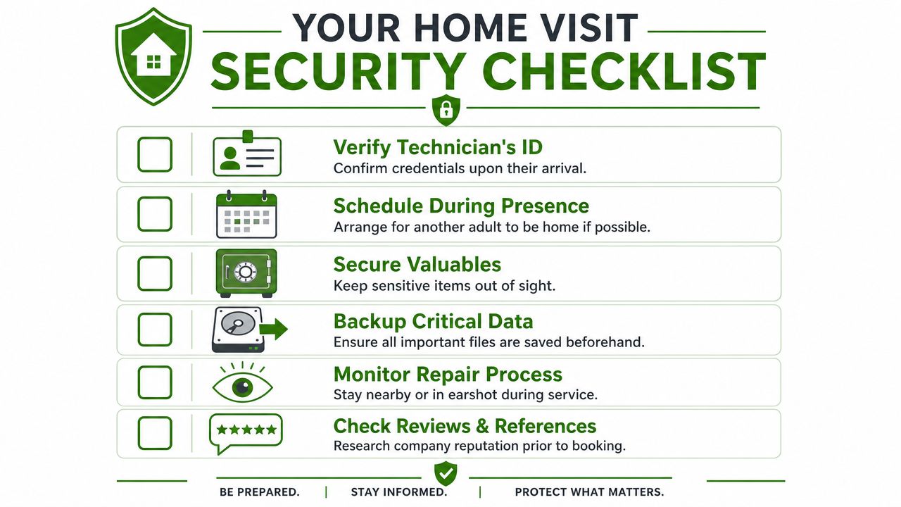A home visit security checklist with six safety tips for homeowners receiving service technicians into their residences.