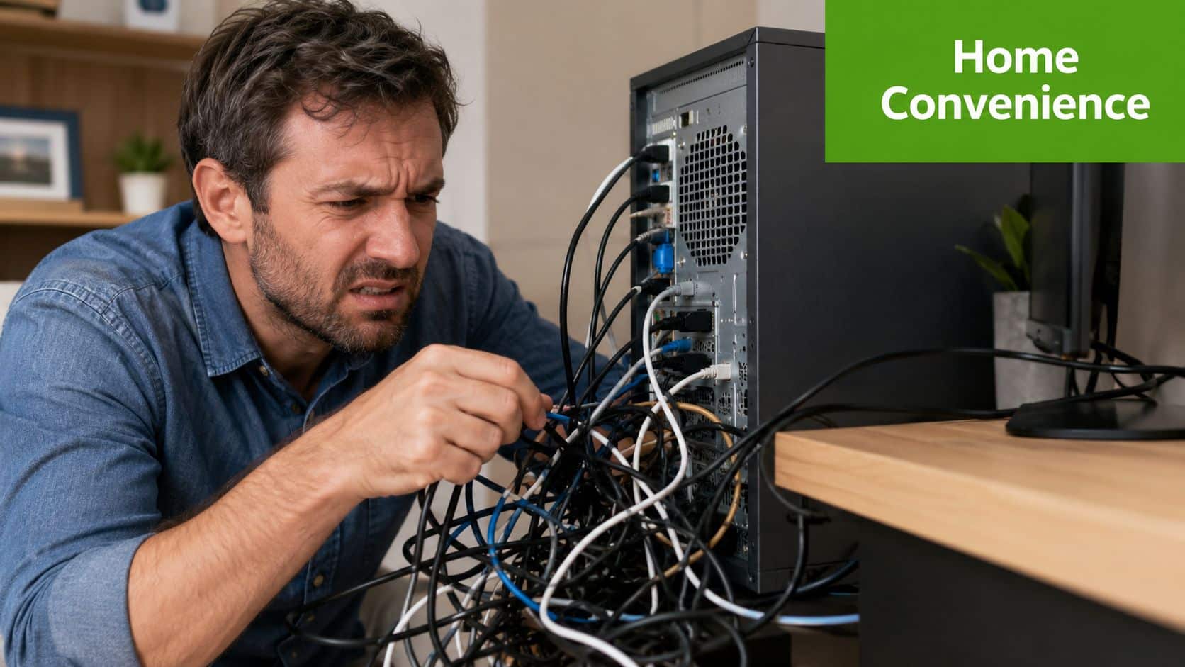 A man frustrated by a tangled mess of cables behind his desktop computer at home.