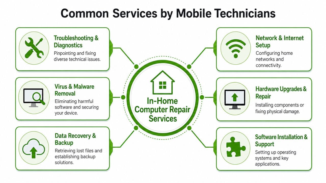 A diagram illustrating common services provided by mobile computer technicians for in-home technical support and maintenance.