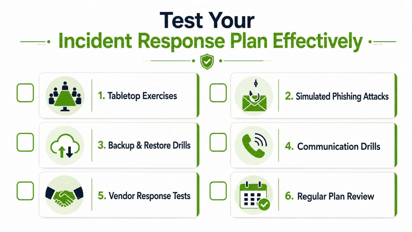 A checklist infographic illustrating six effective methods to test your organizational incident response plan.