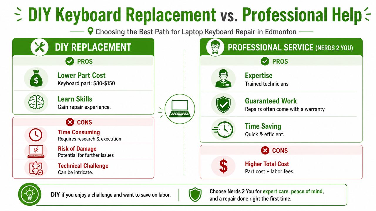 A comparison chart showing the pros and cons of DIY laptop keyboard repair versus professional service.