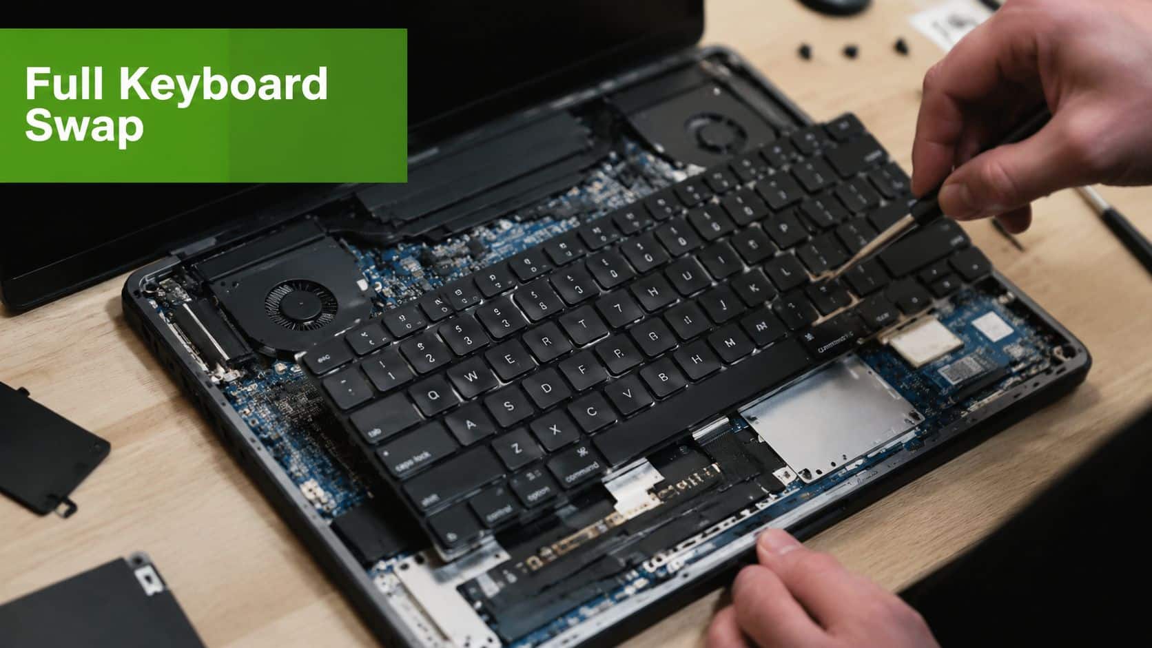 A technician using a tool to carefully replace the keyboard inside a disassembled laptop computer.