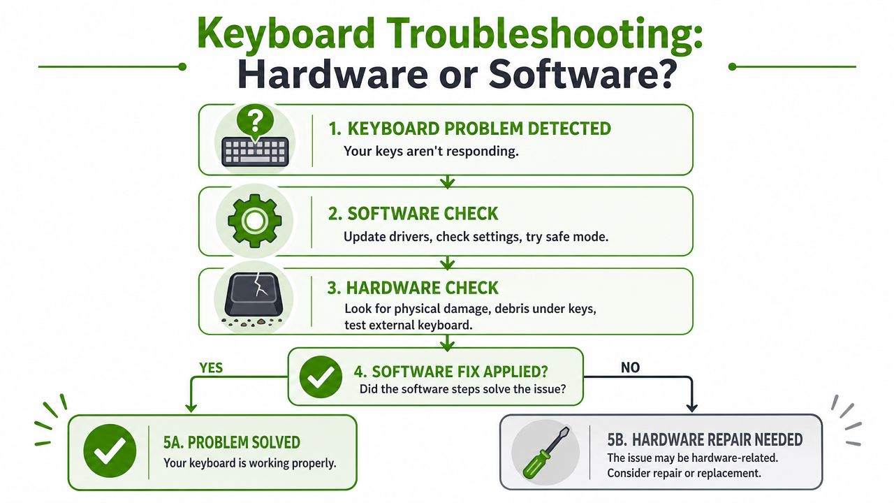 A flow chart illustrating step-by-step troubleshooting guide for fixing a non-responsive computer keyboard issue.