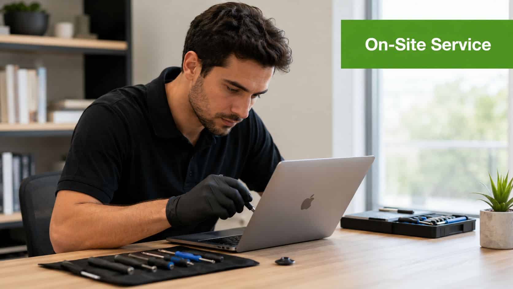A professional technician wearing black gloves repairing a laptop in a bright office environment.
