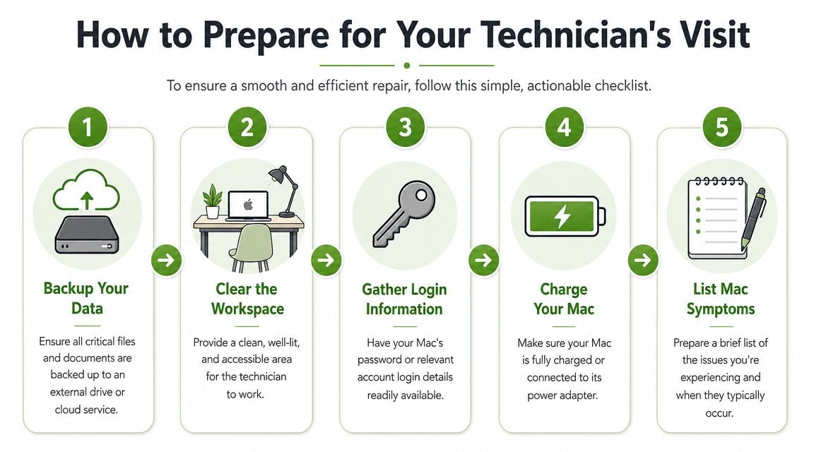 A five-step infographic showing how to prepare a Mac for a technician's repair visit.
