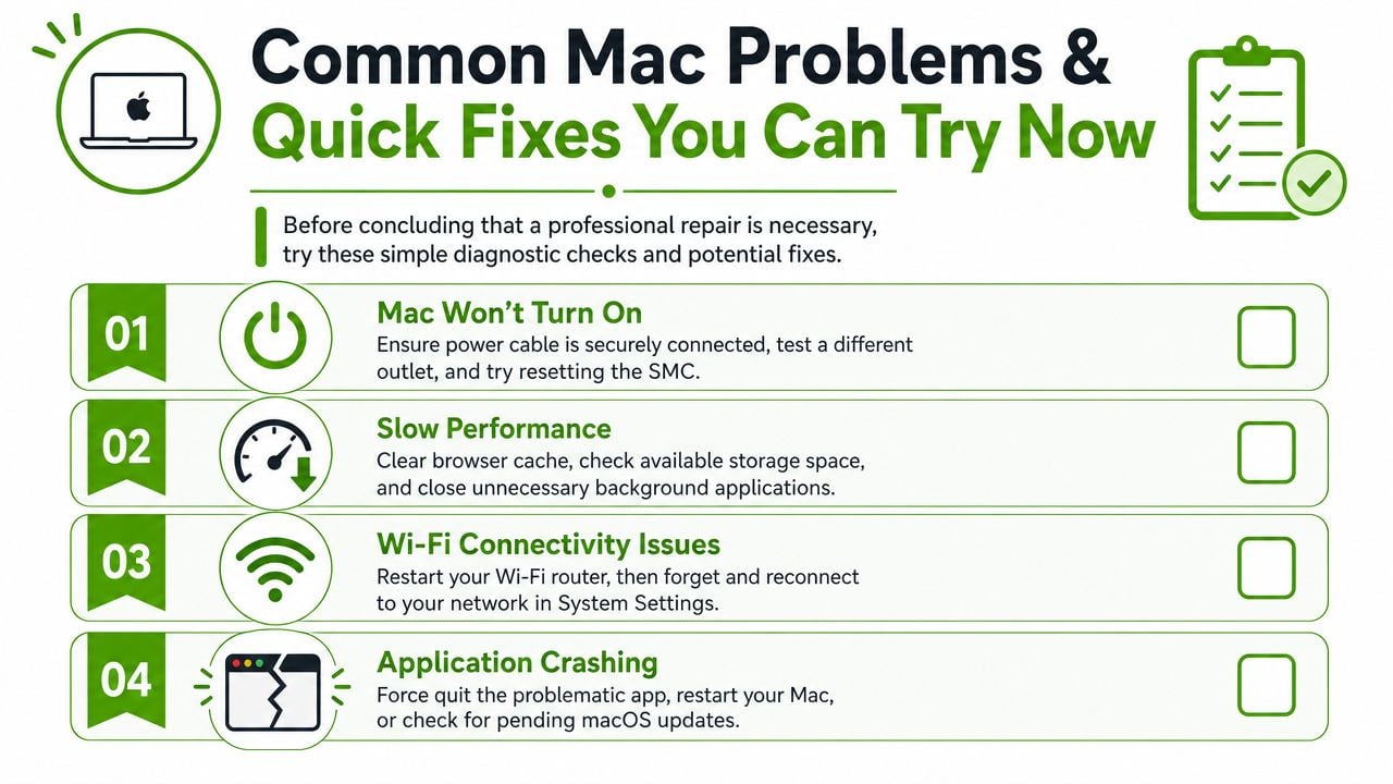 A green and white infographic titled Common Mac Problems listing four troubleshooting steps for MacBook users.