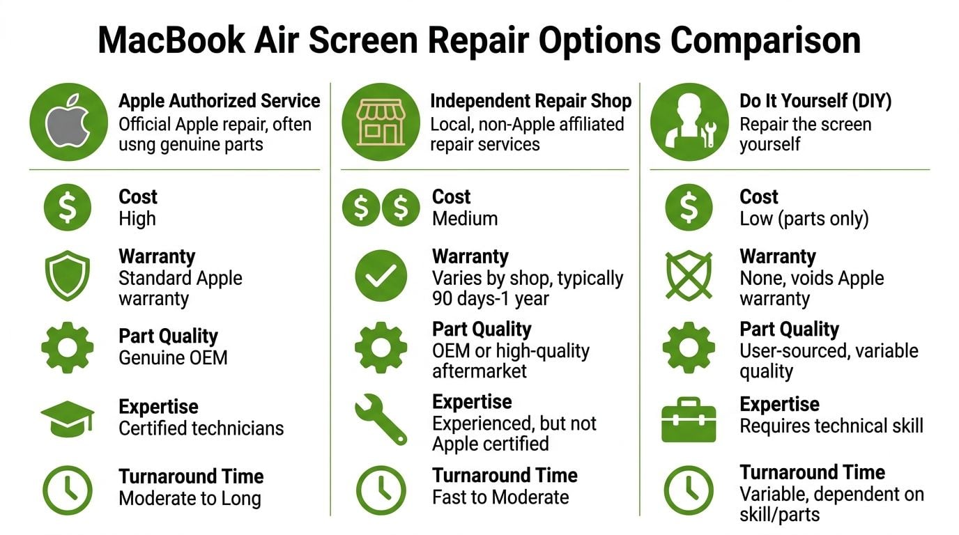 A comparison chart outlining options for MacBook Air screen repair, including Apple, independent shops, and DIY.