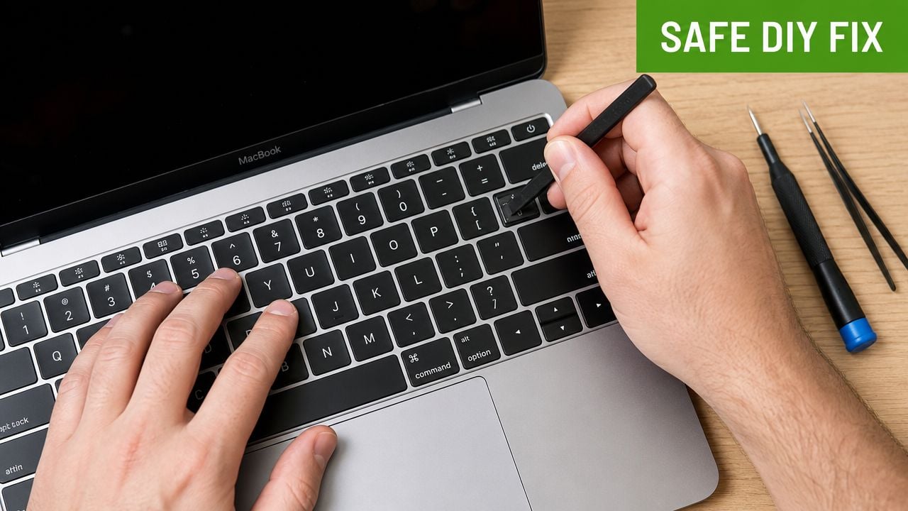 A person uses a plastic tool to carefully pry off a keycap from a MacBook keyboard.