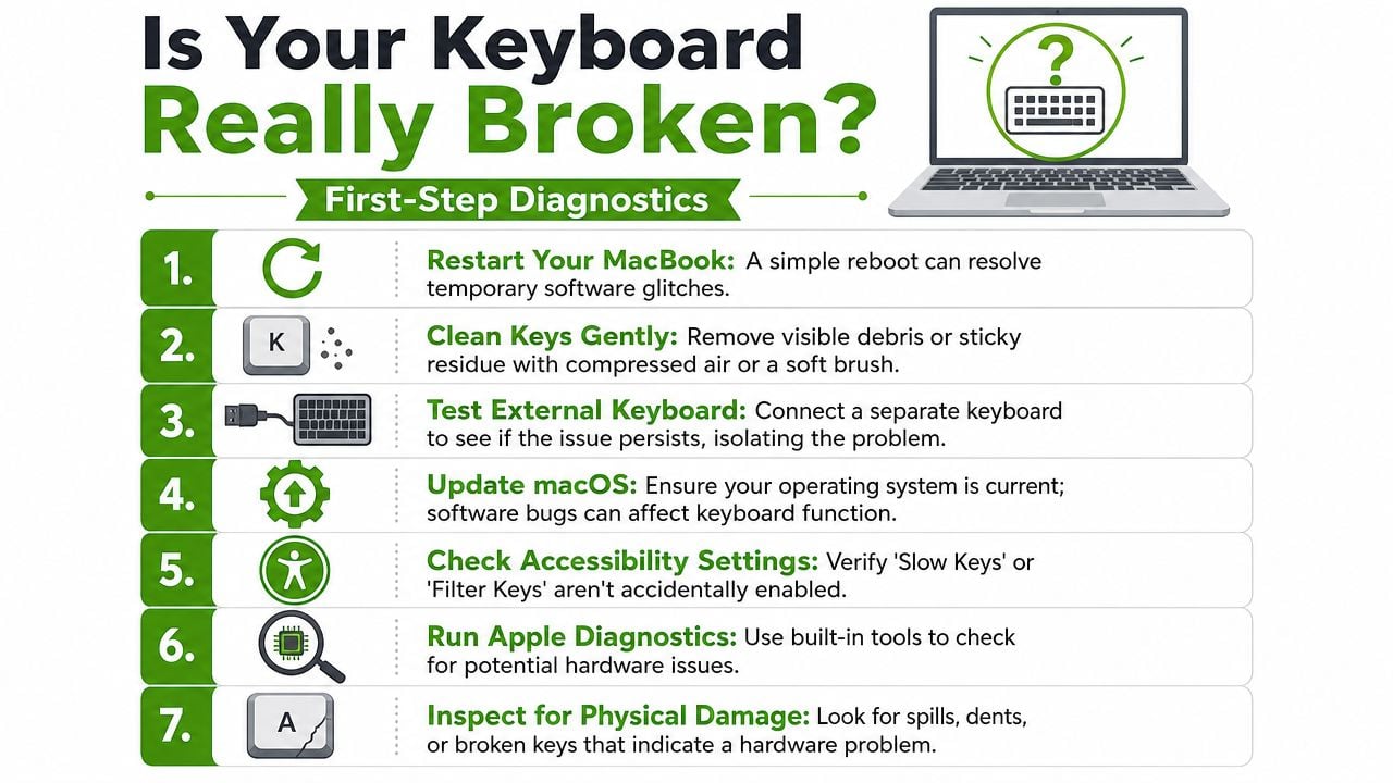 A diagnostic infographic showing seven steps to troubleshoot a potentially broken MacBook keyboard, including restarting and cleaning.