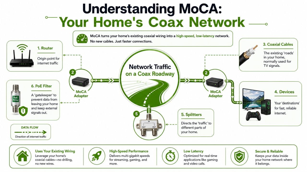 An infographic illustrating how a MoCA network adapter uses existing home coaxial wiring for internet connectivity.