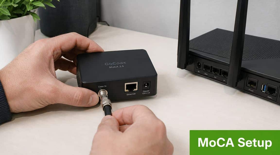 A person connecting a coaxial cable into a GoCoax MoCA 2.5 network adapter for home internet setup.