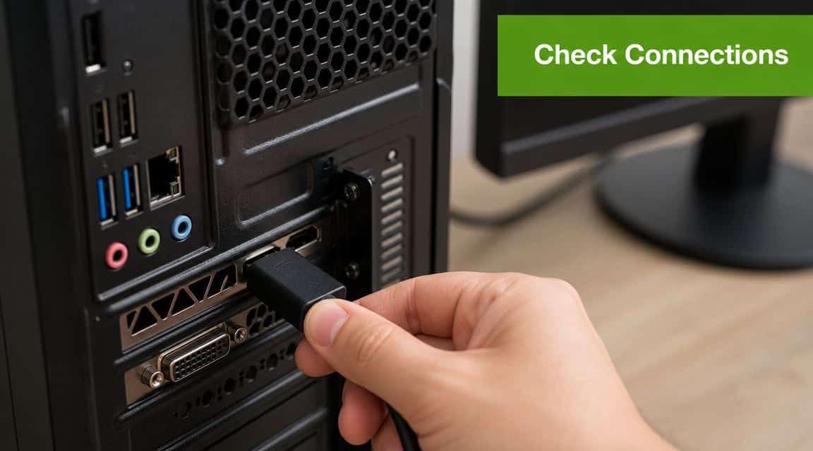 A hand plugging a black HDMI cable into the back of a computer desktop tower.