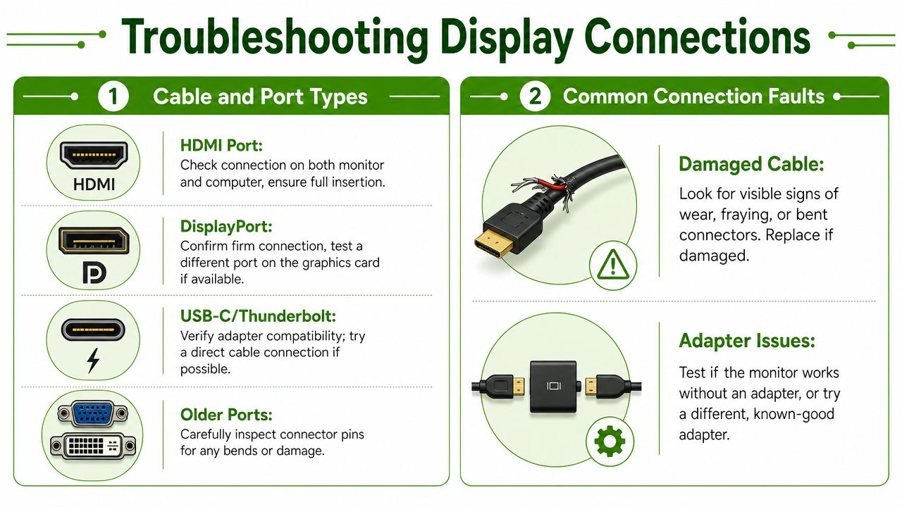 A troubleshooting guide showing common computer display connection types and typical issues like damaged cables or adapters.
