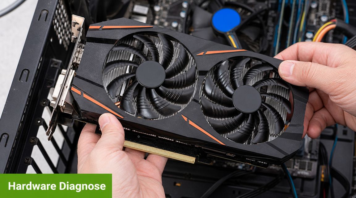 A technician holding a dual-fan graphics card over a computer chassis during a hardware diagnostic process.