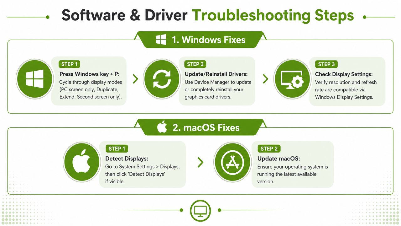 A guide showing step-by-step software and driver troubleshooting procedures for Windows and macOS when fixing display issues.