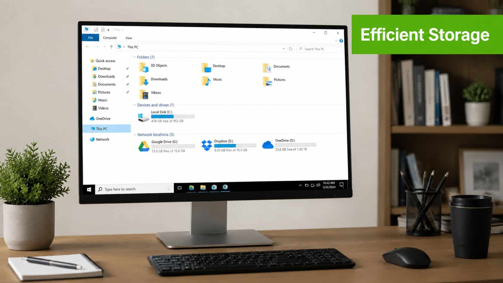 A computer monitor displaying Windows File Explorer showing local drives and cloud storage integration options.