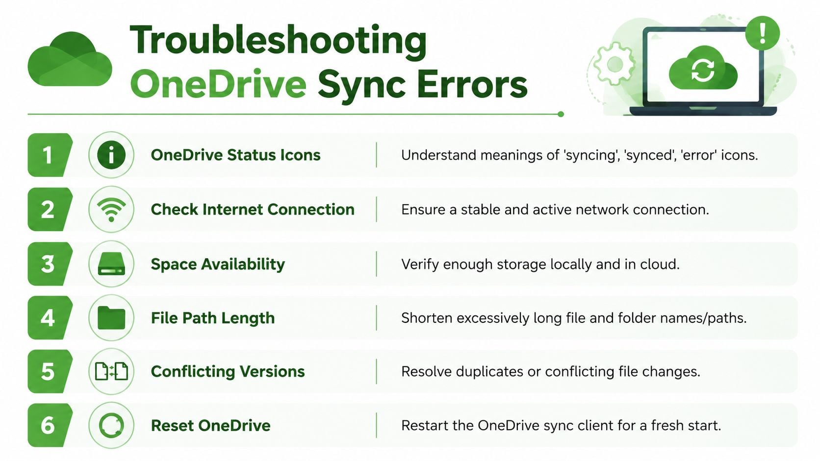 An infographic titled Troubleshooting OneDrive Sync Errors, listing six numbered steps for resolving common cloud storage issues.