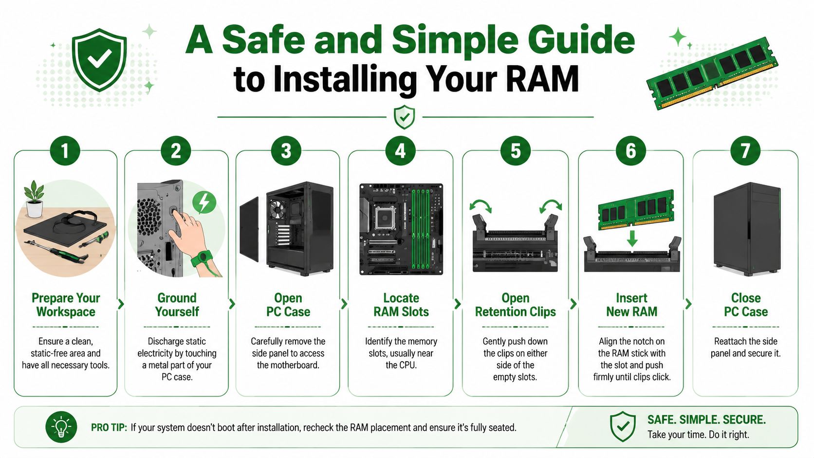 A seven-step instructional infographic detailing the safe and simple process of installing RAM into a computer.